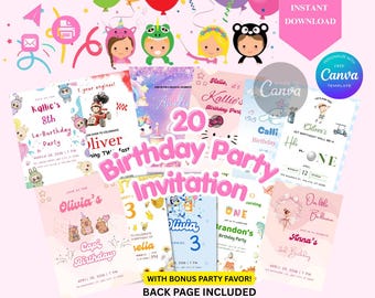 Kids Birthday Party Invitation Template, Boys and Girls Bundle Birthday Invite, Bonus Party Favors, Kawaii kitty birthday party, Custom bday