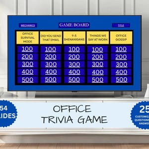 Op de afbeelding: Een digitaal kantoor-trivia-spel op een scherm met een blauw spelbord met vijf categorieën: Office Survival Mode, Did You Send That Email, 9-5 Shenanigans, Things We Say At Work en Office Gossip, met puntwaarden variërend van 100 tot 500.