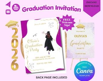 Purple Graduation Invitation Template, Graduation Welcome Sign, Class 2026 Senior Party, Canva Template, Modern Graduation Invite, Girl Grad