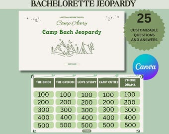 Camp Bachelorette Jeopardy Game Canva Powerpoint, Bach Camp Jeopardy Questions, Camp Themed Bridal Party Games, Virtual Games, Girls Trip