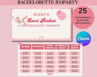 Last Rodeo Bachelorette Jeopardy Game Powerpoint, Canva Editable Template, Nashville Cowgirl Girls Trip Game Night Pink Bachelorette Party