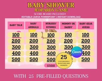 Editable Pink Baby Shower Jeopardy Game Powerpoint, Digital Baby Shower Games, Jeopardy Questions, Fun Baby Game, Baby Trivia,Canva Template
