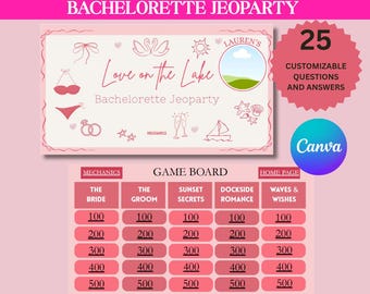 Lake Bachelorette Jeopardy Game Canva Powerpoint Template, Love on the lake girls trip hen night party pink bachelorette, jeopardy questions