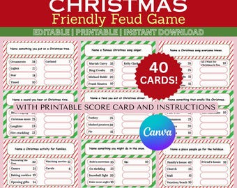 Printable Christmas Feud Game, 40 Cards, Editable Template (PDF)