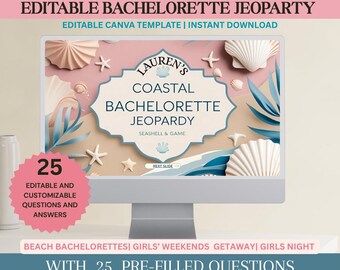 Editable Coastal Bachelorette Jeopardy Game Powerpoint Template, Beach Bridal Shower Activities, Games for Bridal Shower, Virtual Games, Hen