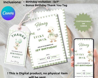 Duck Birthday Party Invitation, First Birthday Editable Canva Template, Ducklings Theme, Boy Party Invite, Watercolor 1st birthday, Digital