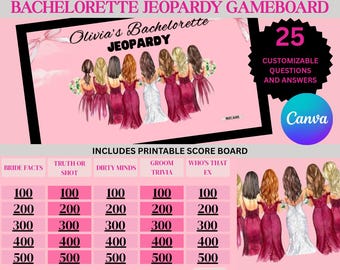 Pink Retro Bachelorette Jeoparty Game Canva Powerpoint, Pink Bride themed, hen do party, hen night games, retro jeopardy, questions and answ