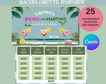Editable Bikinis and Martinis Bachelorette Jeopardy Game Canva Powerpoint Template, bach babes, tini jeopardy, bach party, summer bridal
