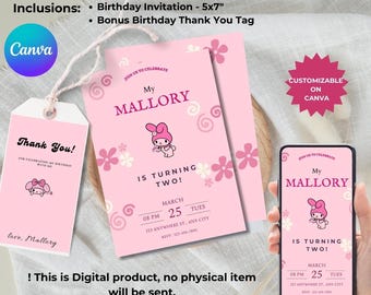 Editable Kawaii Bunny Birthday Invitation Template, Cute Woodland Bunny, Pink Bunny, Kids Birthday, Soft Pastel Invite, Kawaii Invitation