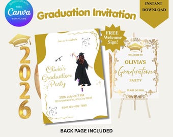 Gold Graduation Invitation Template, Free Welcome Sign Editable Canva, Class of 2026 Graduation Party, White & Gold Graduation Announcement