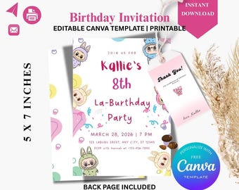 Editable Kawaii Gothic Monster Birthday Invitation canva Template, favor tag, boy and girl birthday, Kawaii Spooky Monster Birthday for kids