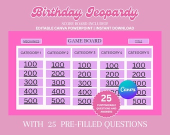 Editable Pink Birthday Jeopardy Game Powerpoint Template, Trivia Party, Birthday Game Night, Fun group games, Birthday Jeopardy Theme, Canva