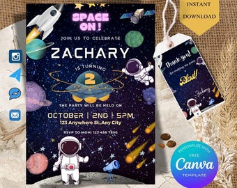 Editable Outerspace Birthday Invitation Template, Astronaut Kids Birthday Party, Space NASA, boy birthday, canva, two the moon birthday