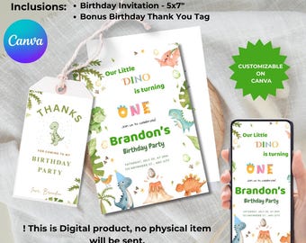 Dinosaur Birthday Invitation Template , Canva Editable, Dino First Birthday Invitation Card, Boy Birthday, Party Animal Theme, Safari Party
