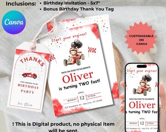 Editable Red Race Car Birthday Invitation Template, Cars Party, Cars Birthday Themed, Kids Party, Red Car Invite, Two fast  Birthday party