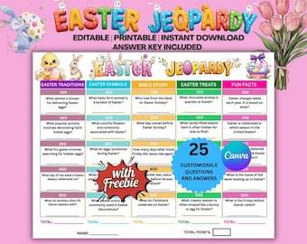 Printable Easter Jeopardy Game, Easter Sunday Fun Activity, Easter Classroom Games, with Word Scramble, Easter Games for Kids, Adult, Teens