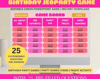 Editable Birthday Jeopardy Game, Trivia Questions, Canva, PowerPoint (PDF Scoreboard)