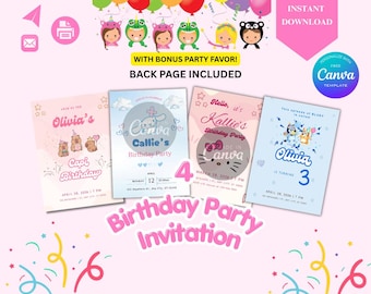 Editable Girls and Boys Birthday Party Invitation, Kawaii spry cat birthday, bluewey, pink pastel, puff paw, kawaii party, canva template kt