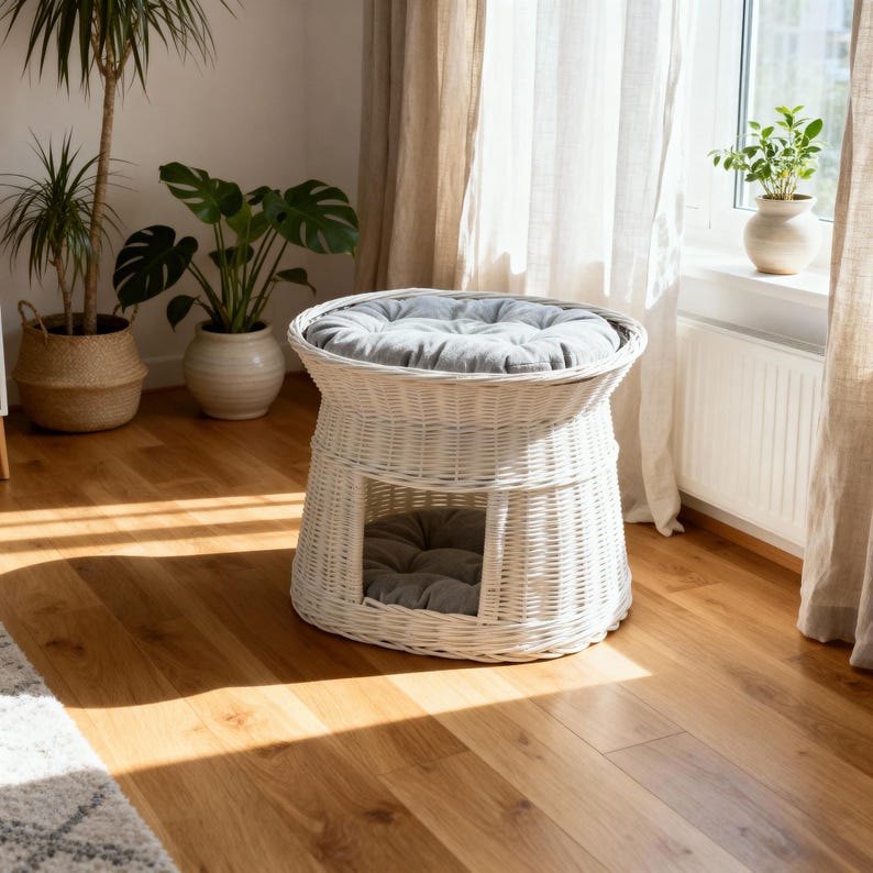 May include: A white wicker pet bed with a round top and a lower level, both with gray cushions. The bed is in a well-lit room with hardwood floors and plants in the background.