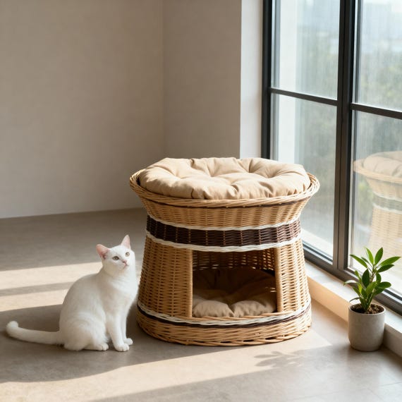 Rattan Wicker Double Story Pet House For Cats And Small Dogs, Indoor Cat Basket Bed, Eco Friendly Woven Pet Furniture, Two Layer Animal Home