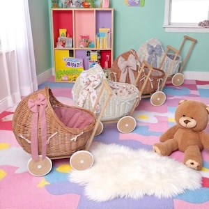 Weidenpuppenwagen für Kleinkinder, Naturkinderwagen, Babykorb für Puppen, Weidenwagengeschenk, Babypartykorb für Mädchen, Spielzeugablagekorb