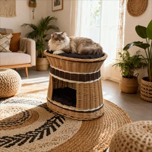 May include: A fluffy cat rests on a woven wicker cat bed. The cat bed has a dark cushion and a circular design with brown and white accents. The cat bed is on a round rug with a geometric pattern.