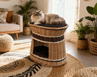 Wicker Cat Bed for Two Cats, Handmade Double Level Cat House with Cushion, Indoor Pet Furniture for Small Dogs