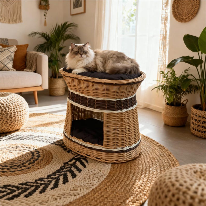 May include: A fluffy cat rests on a woven wicker cat bed. The cat bed has a dark cushion and a circular design with brown and white accents. The cat bed is on a round rug with a geometric pattern.