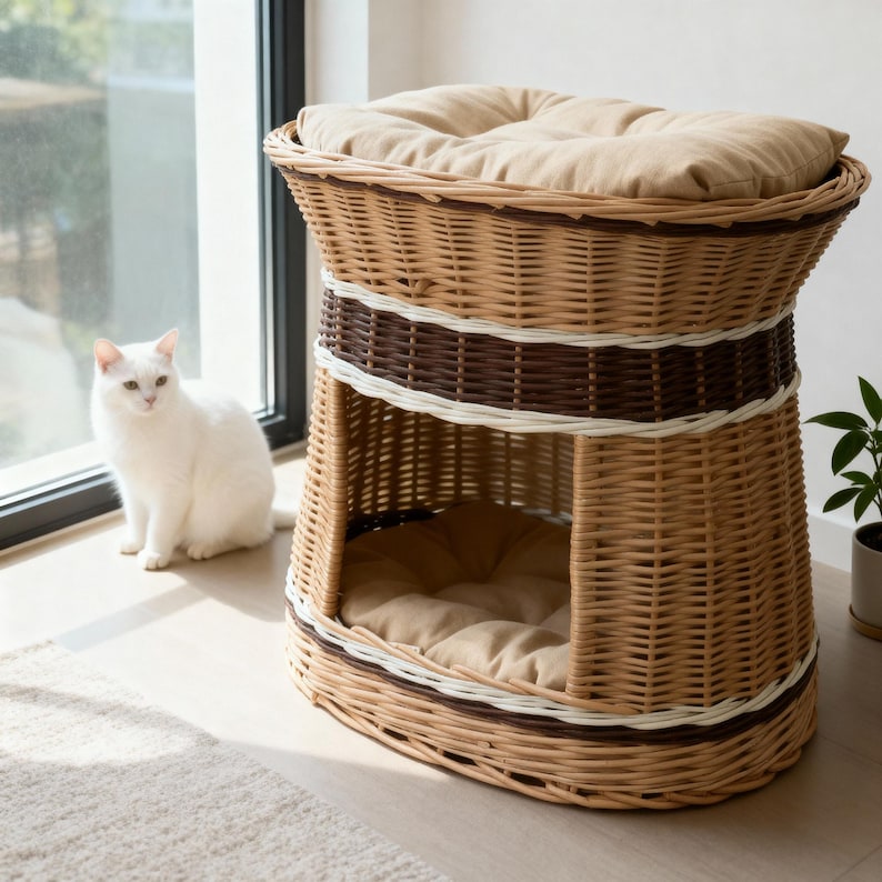 May include: Wicker cat bed with a beige cushion on top and inside. The cat bed has a light brown woven design with a dark brown and white accent band. A white cat sits near the window.