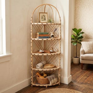 Peut inclure: Étagère d'angle en rotin naturel à cinq niveaux. Les étagères contiennent des livres, des objets décoratifs et un panier. L'étagère a un sommet en arc et un design tissé, idéal pour exposer des objets.