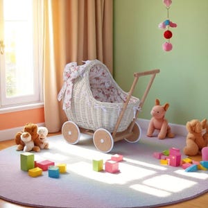 Rieten poppenwagen voor baby meisje, duwspeelgoed voor peuters, rieten wagen, speelgoedmand, decor kinderkamer, poppenwagen voor kinderen, peuterbuggy