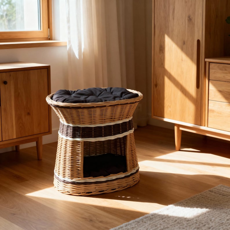 May include: Wicker pet bed with a black cushion. The bed has a cylindrical shape with a woven design in natural, brown, and white tones. The bed has an opening for easy access and is designed for small pets.