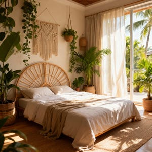 May include: A bedroom with a natural, bohemian aesthetic. A bed with a woven headboard and light-colored bedding is the focal point. The room is filled with plants, including hanging plants and potted palms, creating a tranquil, inviting space. Sunlight streams through a large window.