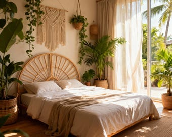 May include: A bedroom with a natural, bohemian aesthetic. A bed with a woven headboard and light-colored bedding is the focal point. The room is filled with plants, including hanging plants and potted palms, creating a tranquil, inviting space. Sunlight streams through a large window.
