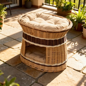May include: Wicker pet bed with a two-level design. The top level features a plush, beige cushion, while the lower level has a cozy, enclosed space. The woven structure incorporates natural and dark brown tones, creating a stylish and comfortable retreat for pets.