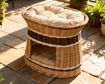 Niche pour chat en osier à deux niveaux pour l'intérieur, Lit pour animal de compagnie en rotin fait main pour chats et petits chiens, Panier tressé pour animal de compagnie, Superposition de meubles pour chat, Maison pour animal de compagnie