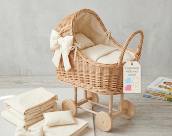 Wicker Doll Basket Pram, Doll Stroller Toy, Baby Carriage Basket, Push Toy, Nursery Storage Basket, First Birthday Toy, Natural Willow Toy