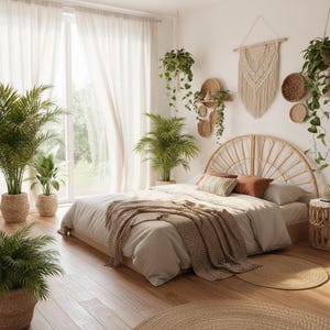 May include: A bedroom featuring a large arched rattan headboard, a bed with beige bedding and a textured brown throw blanket, surrounded by several potted green plants, woven wall decor, and sheer white curtains by a window.