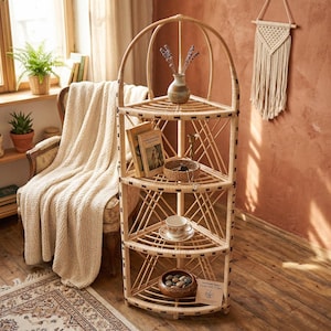 Étagère de rangement d'angle en osier, étagère d'angle en osier, étagère en rotin à 4 niveaux faite main pour plantes, livres ou décoration, meubles en rotin naturel pour entrée