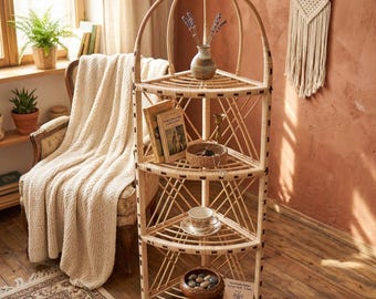 Natürliches Rattan Eckregal, Wicker Ecklagereinheit für Pflanzen, Dekor oder Bücher, Boho Cane Möbel für Eingang, Bad oder Küche
