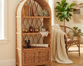 Handmade Wicker Cabinet With Doors And Arched, Natural Rustic Storage Furniture For Kitchen Hallway Bathroom, Shoe Rack Organizer Book Shelf