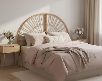 Natural Wicker Headboard For Bed, Wooden Rattan Furniture, Rustic Boho Bedroom Wall Accent, Cozy Home Bed Frame Detail, Wicker Bedroom Decor