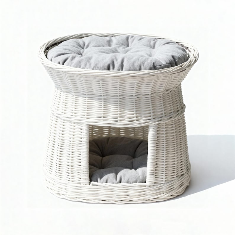 May include: White wicker pet bed with a round top and a lower enclosed area. The bed has a gray cushion on the top and inside the enclosed space. The woven design gives the bed a natural, airy look.
