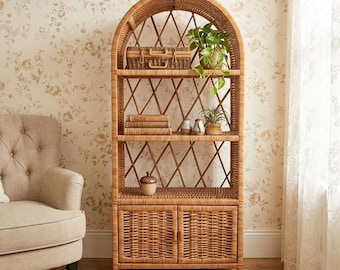 Armario organizador de mimbre natural con forma de arco y puertas, mueble de almacenamiento rústico para cocina, baño, estante para zapatos, organizador de libros.