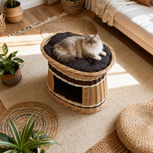 May include: A light brown wicker cat bed with a black cushion, featuring a dark brown and white stripe design. A fluffy cat rests on the cushion. The cat bed has an enclosed lower section with an opening.