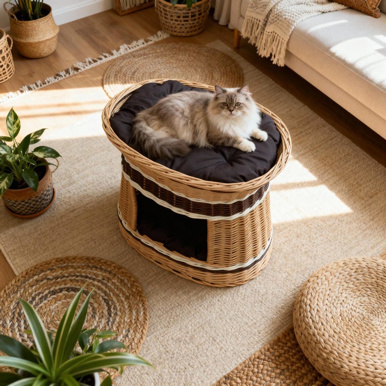 May include: A light brown wicker cat bed with a black cushion, featuring a dark brown and white stripe design. A fluffy cat rests on the cushion. The cat bed has an enclosed lower section with an opening.