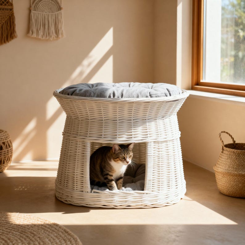 May include: A white wicker cat bed with a gray cushion on top and a round opening. A brown tabby cat sits inside the bed. The bed is in a sunlit room with a woven basket and macrame wall hangings.