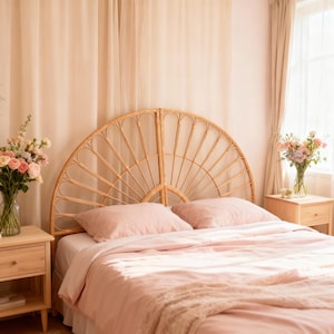 May include: A bedroom with a bed dressed in light pink bedding and pillows. The headboard is a semi-circular design made of woven rattan. Sheer curtains and vases of flowers contribute to the room's calm ambiance.
