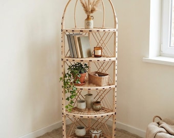 Boho Wicker Corner Shelf, Handmade 4 Tier Rattan Corner Storage Unit for Plants, Decor, or Books, Natural Wicker Cane Furniture for Entryway