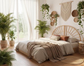 Cabecero de ratán estilo bohemio con arco, mueble de mimbre natural para la cama, detalle decorativo de ratán para la cama, arte de pared para el dormitorio, acogedor fondo para la cama en el hogar.
